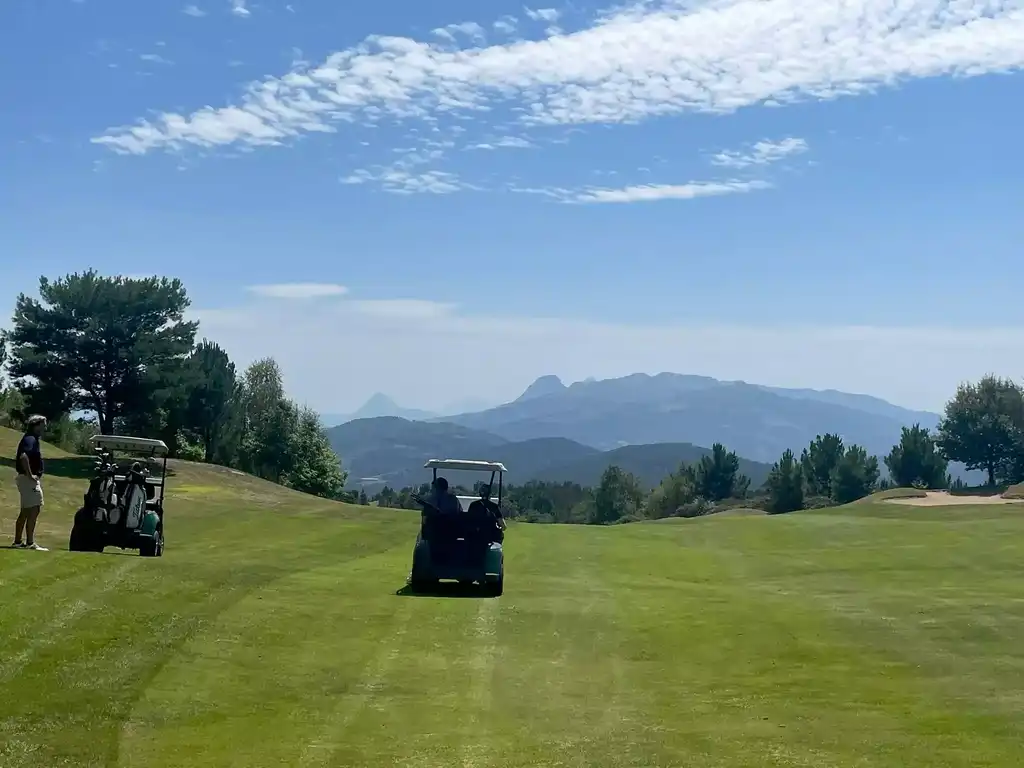 Urabura golf team day golf cart driving away from us. trees at the side and in front and mountains in the distance.