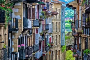 Hondarribia village street with beautiful old buildings with nice balconies