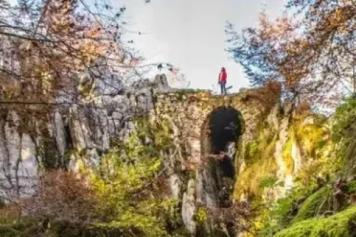 Gorge with water and a high bridge with a small figure