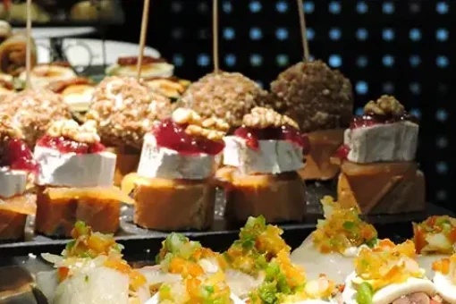 Pintxos on a tray in a shop